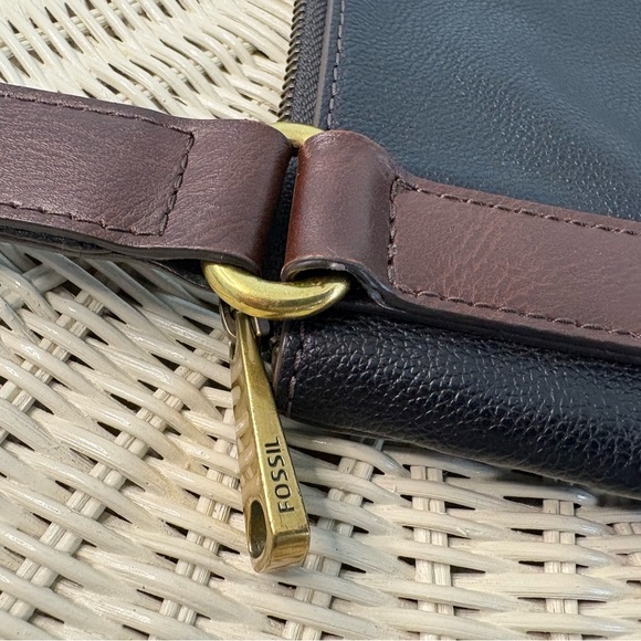 Black Fossil Explorer Leather Crossbody Bag with Gold Accents - Picture 6 of 9